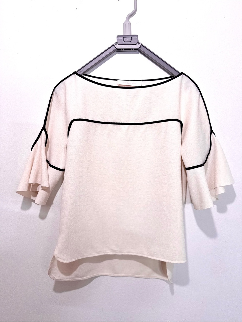 See By Chloe Cream Blouse with Black Piping and Ruffle Sleeves